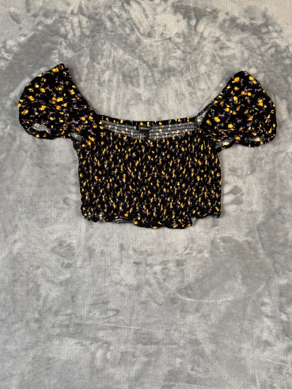 Forever 21 Floral Smocked Crop Top Black Yellow Purple Size Small